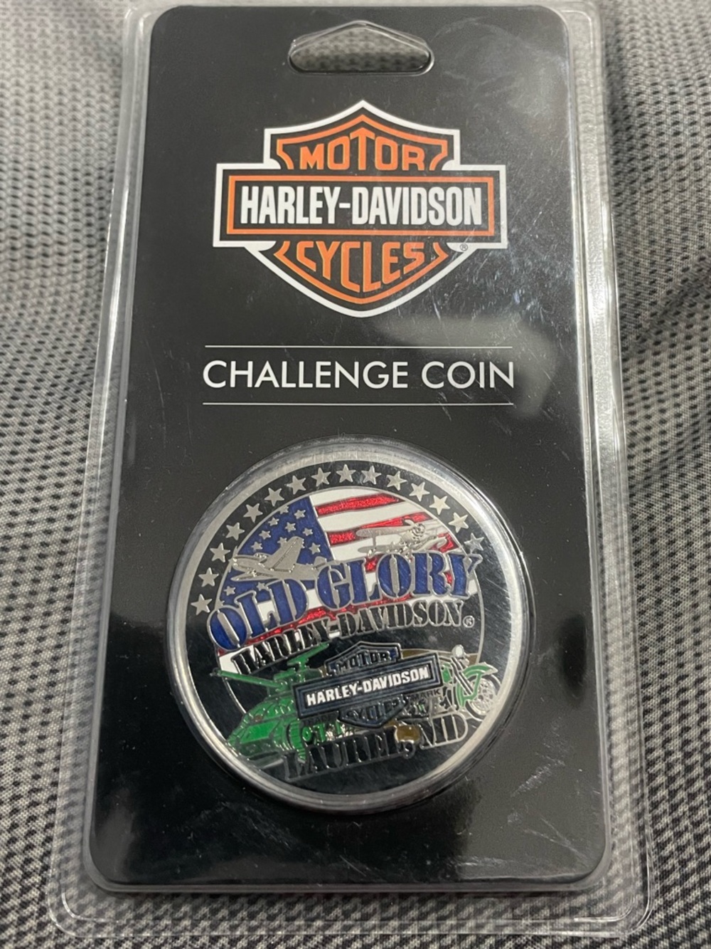 Harley-Davidson Black, Orange, Blue & Green Challenge Coin Old Glory Laurel, MD